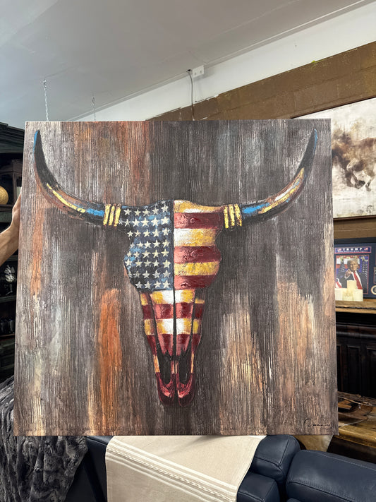 RW US Flag Cow Skull Canvas 36”*36