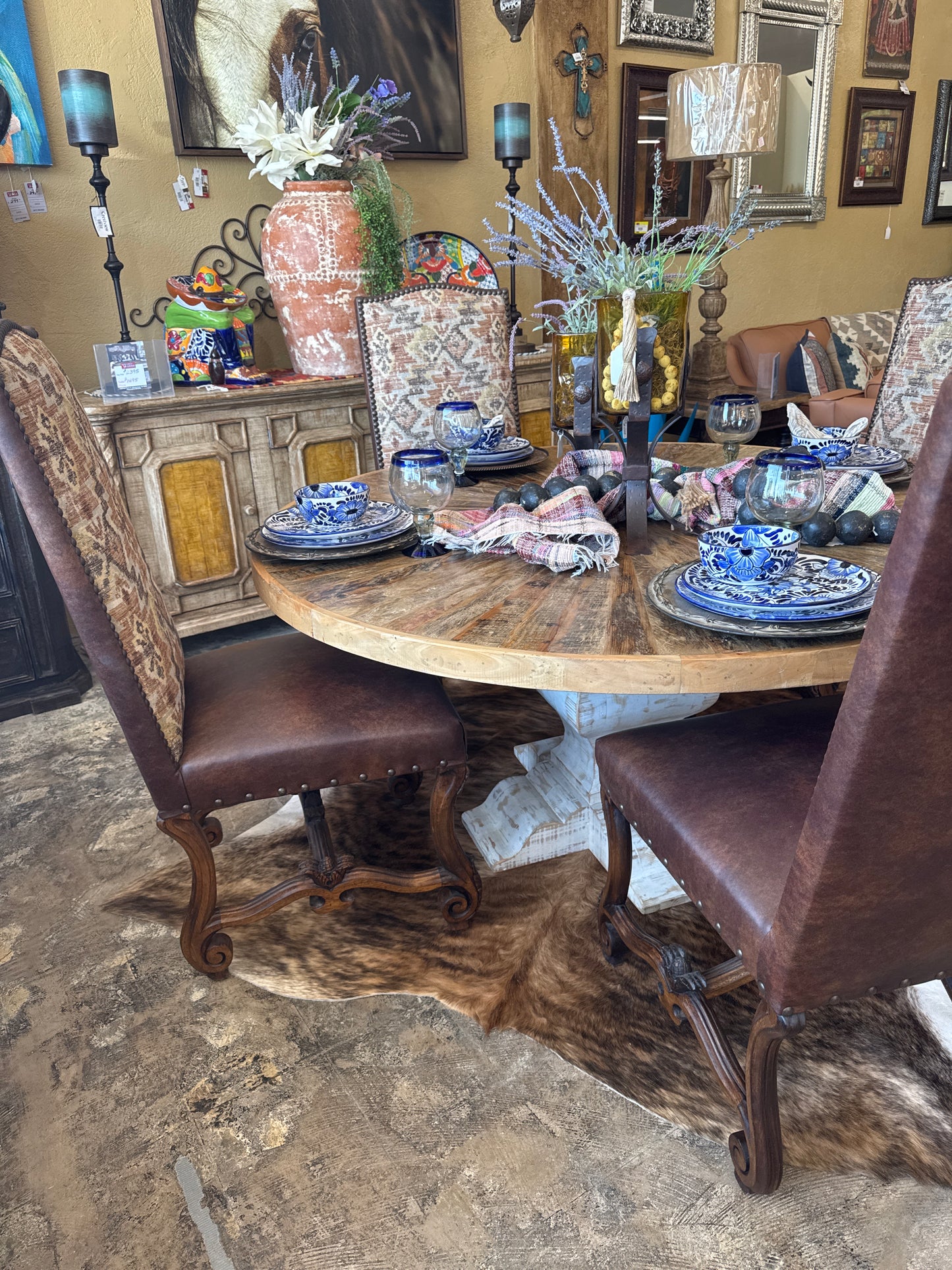 FD Carved Leather Chair w Fabric
