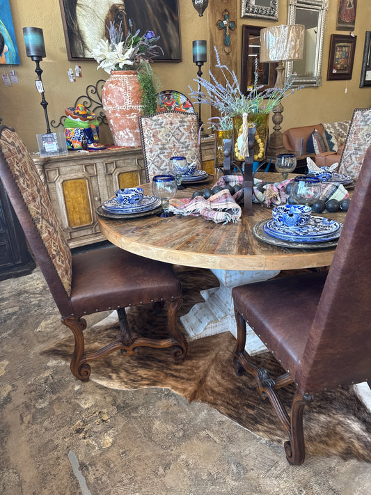 FD Carved Leather Chair w Fabric