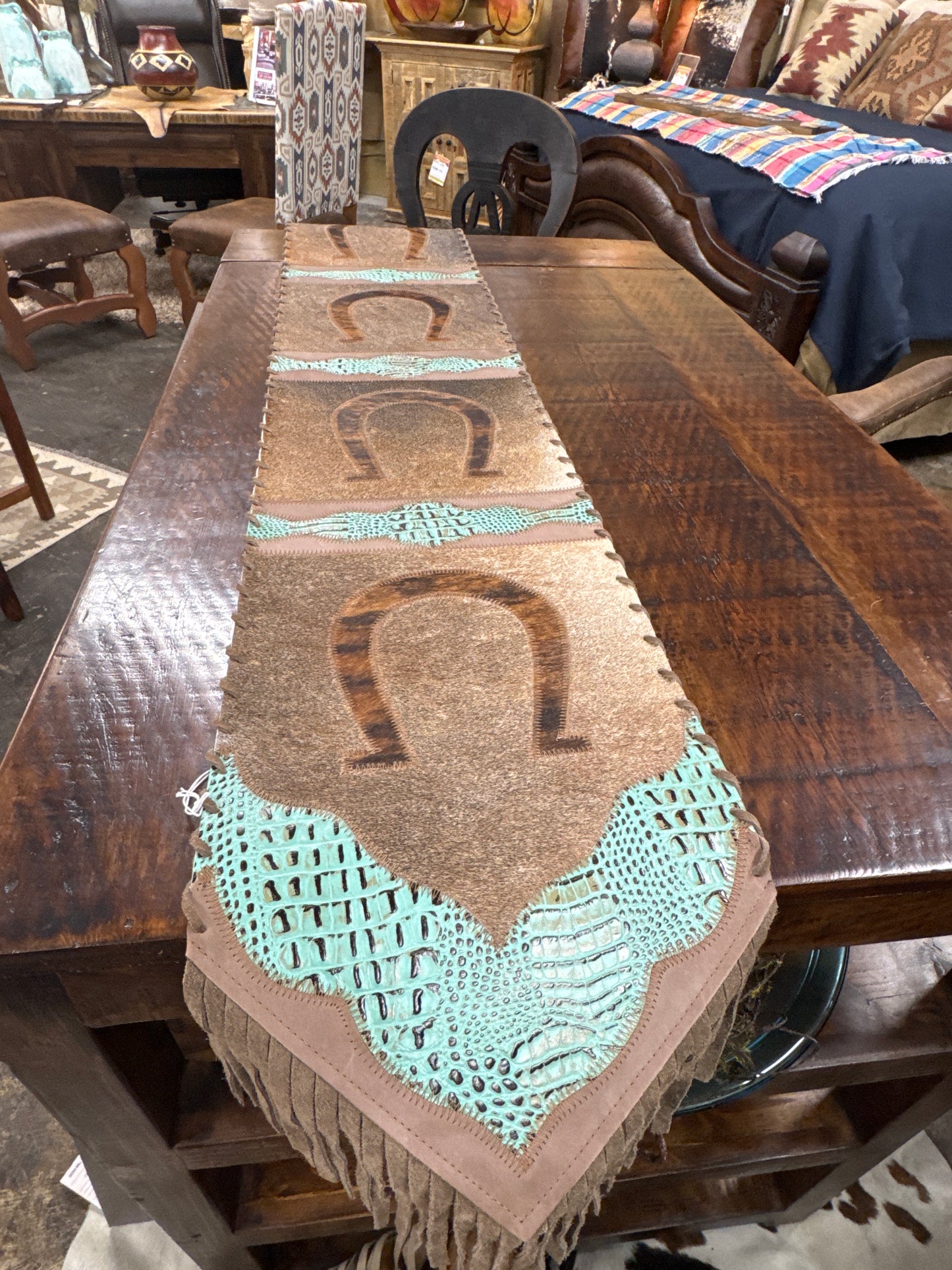 Table Runner Model 2 - Horse Shoe with Details Croc Turquoise, with Fringes, Size 1'X6'  00050024