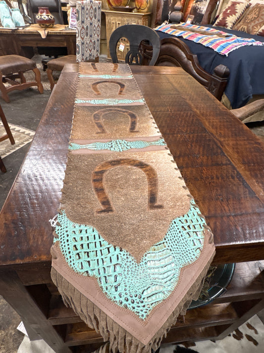 Table Runner Model 2 - Horse Shoe with Details Croc Turquoise, with Fringes, Size 1'X6'  00050024