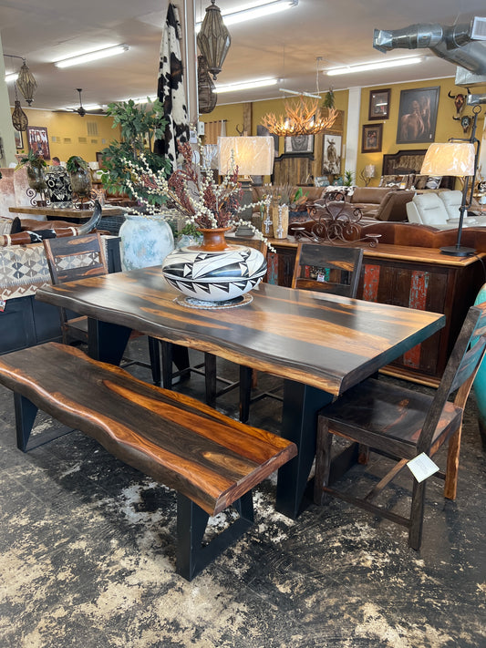 HGS161101 Live Edge Dining Table 6.5 Ft/Bench /4 Chairs
