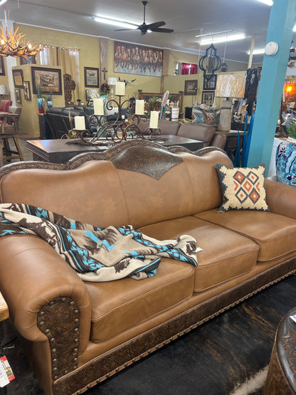 United Leather Brown Angelo Sofa Hand-Tooled Design, Red Accent Cushions and Rolled Arms w/Brads