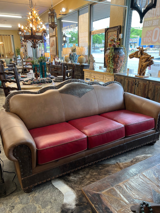 United Leather Brown Angelo Sofa Hand-Tooled Design, Red Accent Cushions and Rolled Arms w/Brads