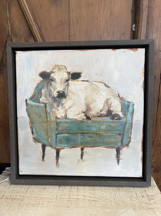 Small Cow On Chair Picture 16” X 16”